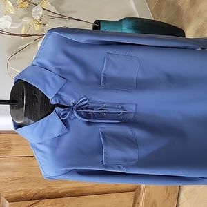 Denim & Co. Stretch Woven Lace-up Pullover Shirt.  Seaport Blue. New "As Is"